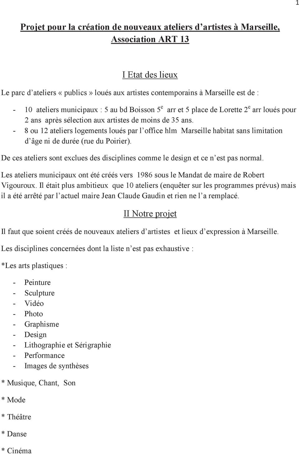 - 8 ou 12 ateliers logements loués par l office hlm Marseille habitat sans limitation d âge ni de durée (rue du Poirier).