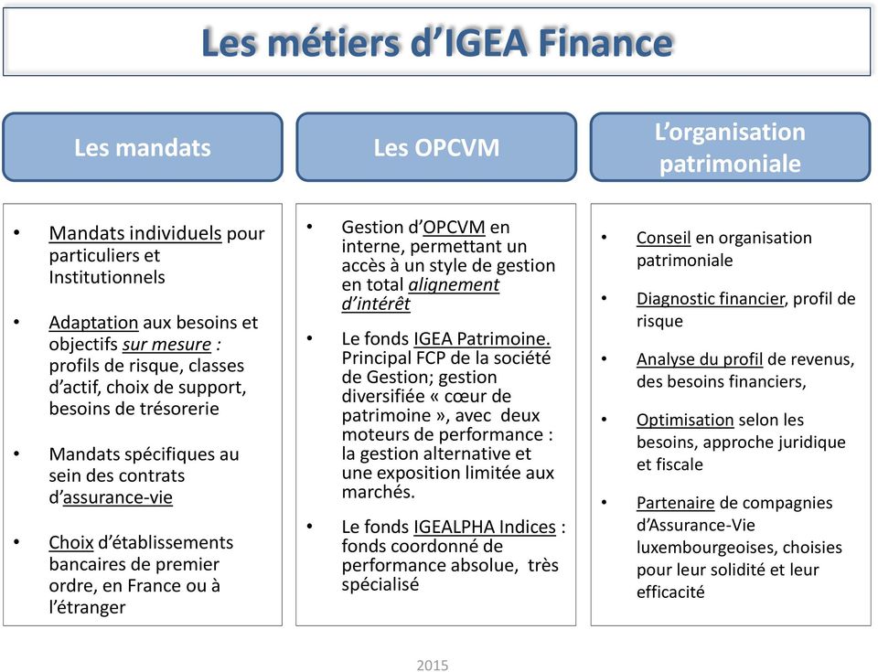 Gestion d OPCVM en interne, permettant un accès à un style de gestion en total alignement d intérêt Le fonds IGEA Patrimoine.