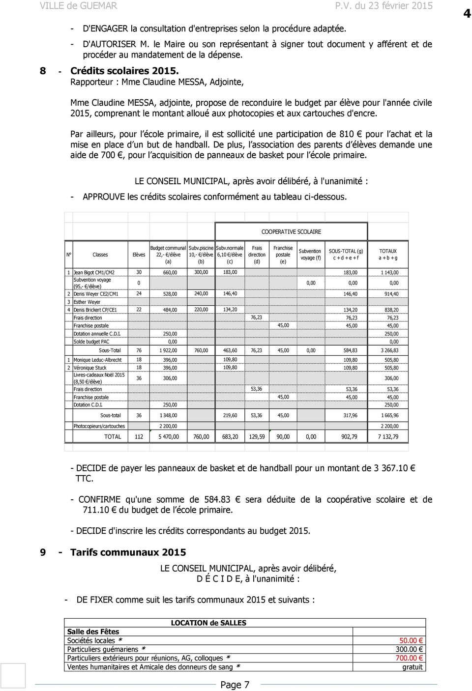 Rapporteur : Mme Claudine MESSA, Adjointe, 4 Mme Claudine MESSA, adjointe, propose de reconduire le budget par élève pour l'année civile 2015, comprenant le montant alloué aux photocopies et aux