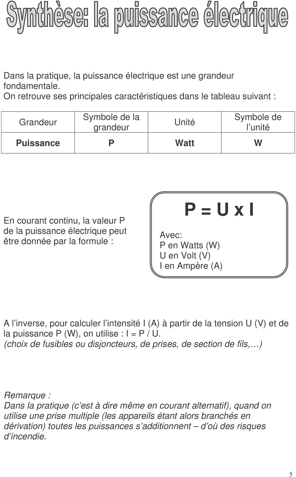 électrique peut être donnée par la formule : P = U x I Avec: P en Watts (W) U en Volt (V) I en Ampère (A) A l inverse, pour calculer l intensité I (A) à partir de la tension U (V) et de la