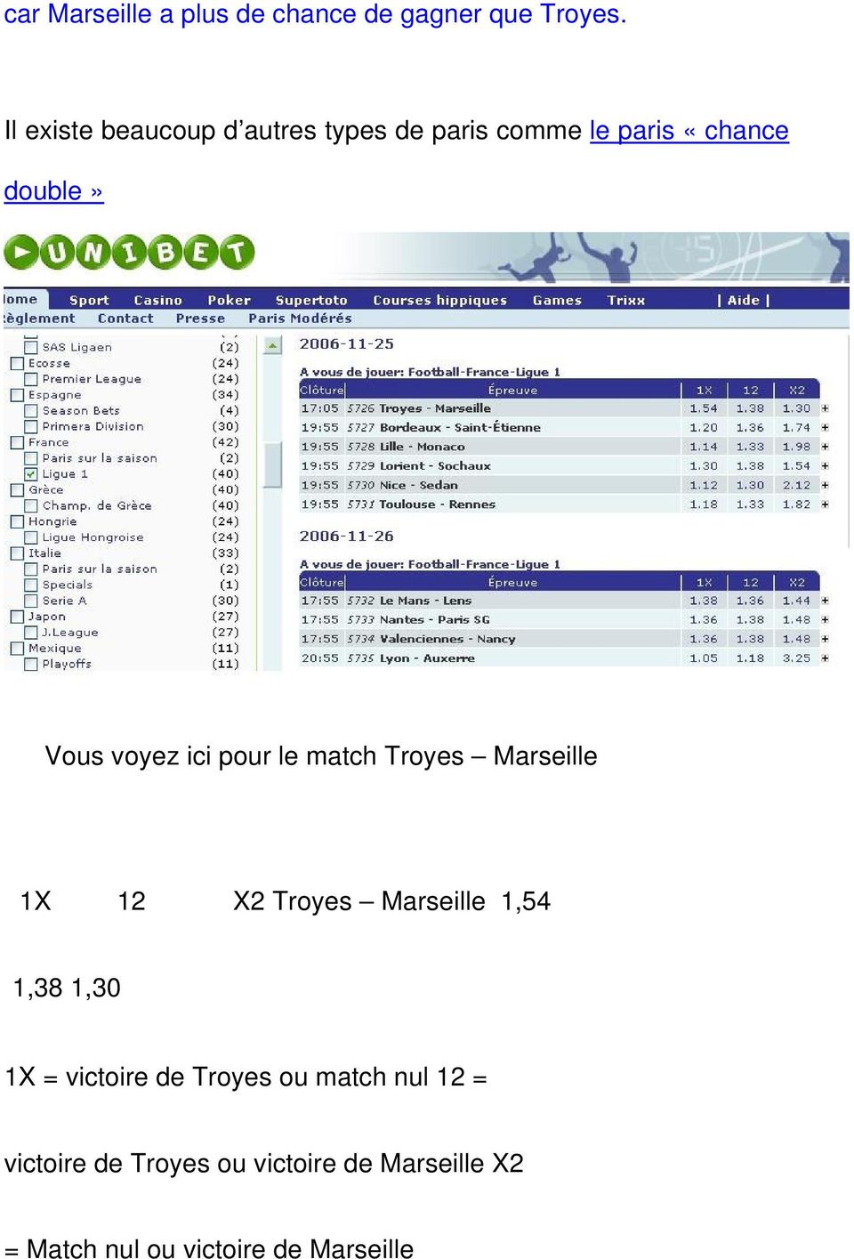 ici pour le match Troyes Marseille 1X 12 X2 Troyes Marseille 1,54 1,38 1,30 1X =