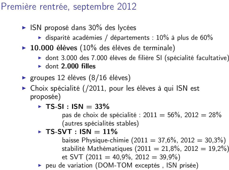 000 filles groupes 12 élèves (8/16 élèves) Choix spécialité (/2011, pour les élèves à qui ISN est proposée) TS-SI : ISN = 33% pas de choix de spécialité : 2011 =