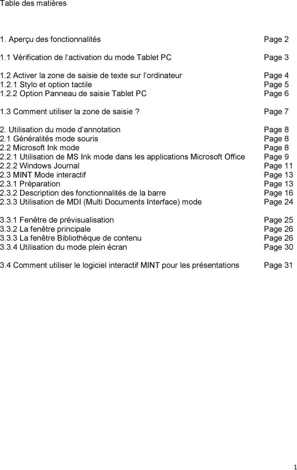2 Microsoft Ink mode Page 8 2.2.1 Utilisation de MS Ink mode dans les applications Microsoft Office Page 9 2.2.2 Windows Journal Page 11 2.3 MINT Mode interactif Page 13 2.3.1 Préparation Page 13 2.3.2 Description des fonctionnalités de la barre Page 16 2.