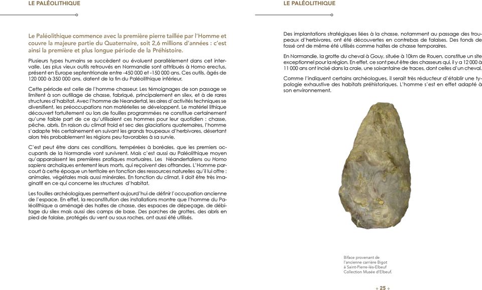 Les plus vieux outils retrouvés en Normandie sont attribués à Homo erectus, présent en Europe septentrionale entre -450 000 et -150 000 ans.
