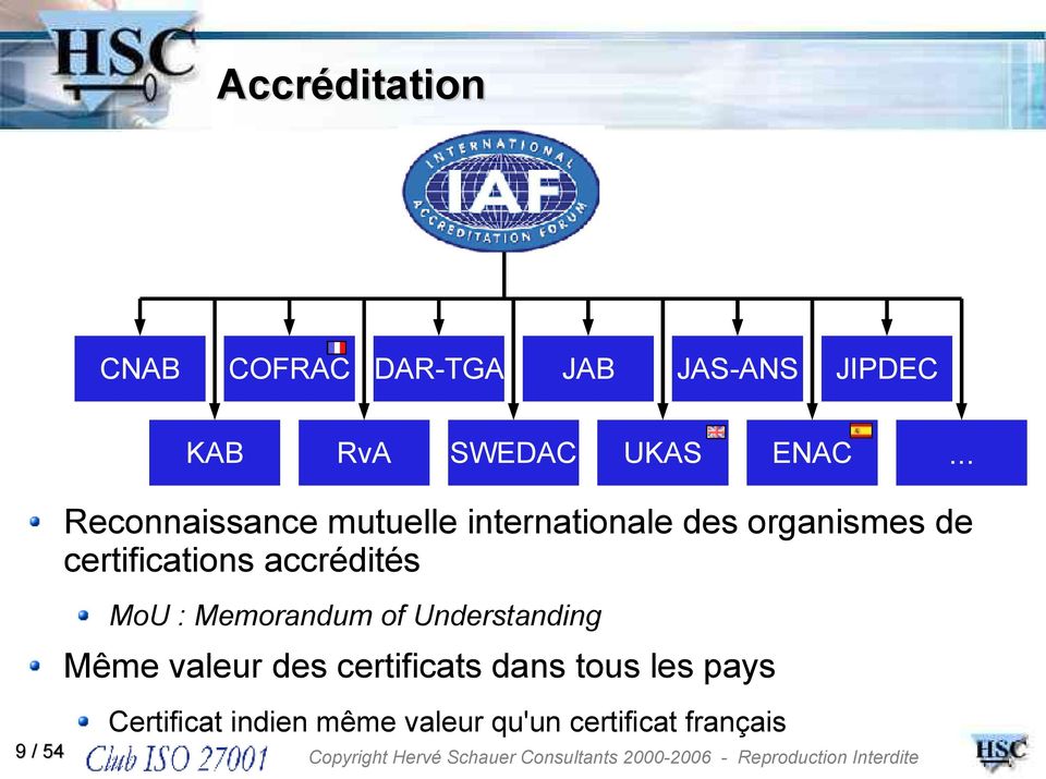 certifications accrédités MoU : Memorandum of Understanding Même valeur des