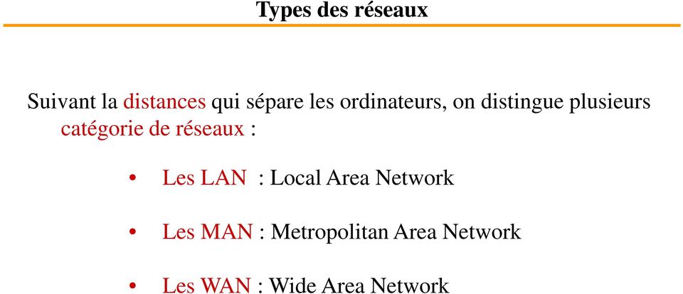 de réseaux : Les LAN : Local Area Network Les MAN :
