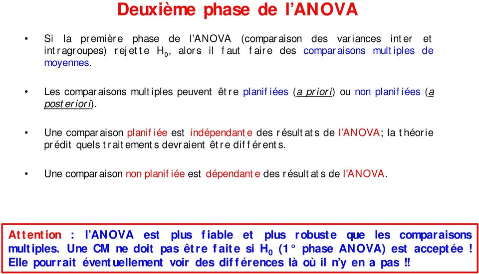 Une comparaison planifiée est indépendante des résultats de l ANOVA; la théorie prédit quels traitements devraient être différents.