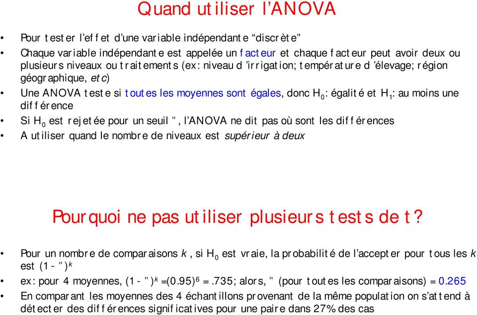 est rejetée pour un seuil ", l ANOVA ne dit pas où sont les différences A utiliser quand le nombre de niveaux est supérieur à deux Pourquoi ne pas utiliser plusieurs tests de t?