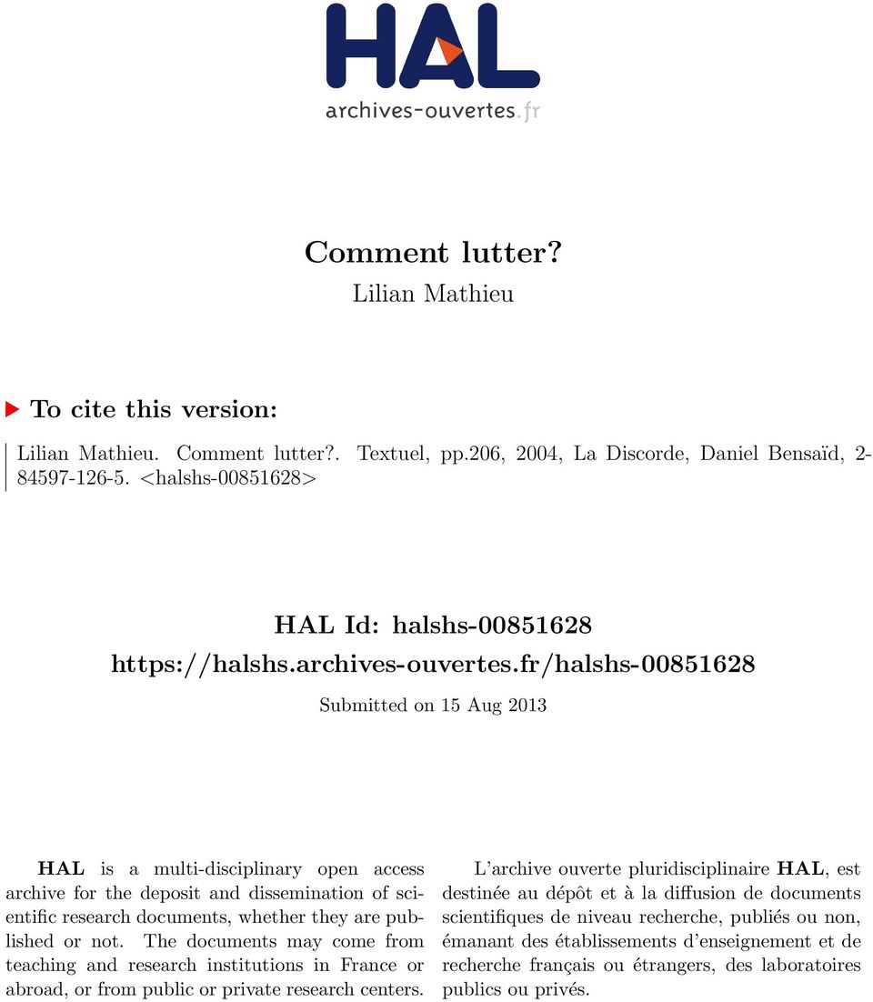 fr/halshs-00851628 Submitted on 15 Aug 2013 HAL is a multi-disciplinary open access archive for the deposit and dissemination of scientific research documents, whether they are published or not.