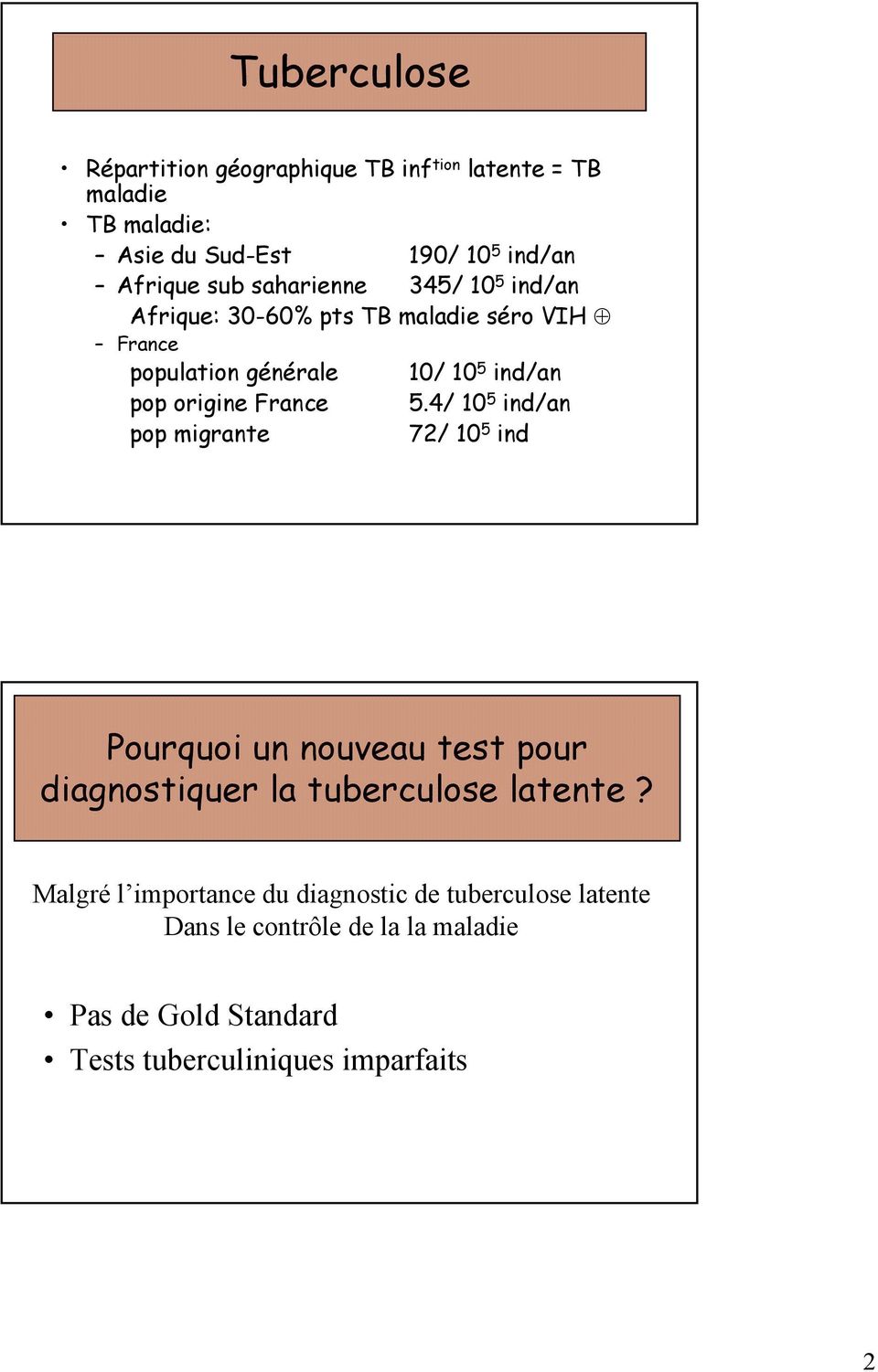 France 5.4/ 10 5 ind/an pop migrante 72/ 10 5 ind Pourquoi un nouveau test pour diagnostiquer la tuberculose latente?