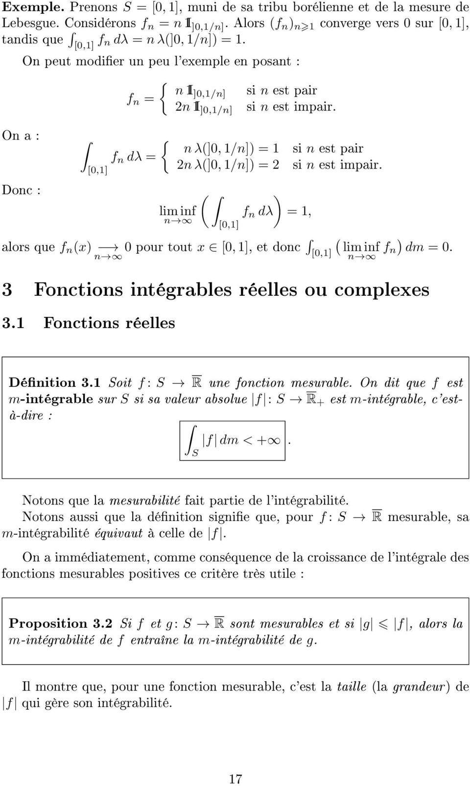 est impair ( ) lim inf f n dλ = 1, [0,1] alors que f n (x) 0 pour tout x [0, 1], et donc [0,1] ( lim inf f ) n dm = 0 3 Fonctions intégrables réelles ou complexes 31 Fonctions réelles Dénition 31 oit