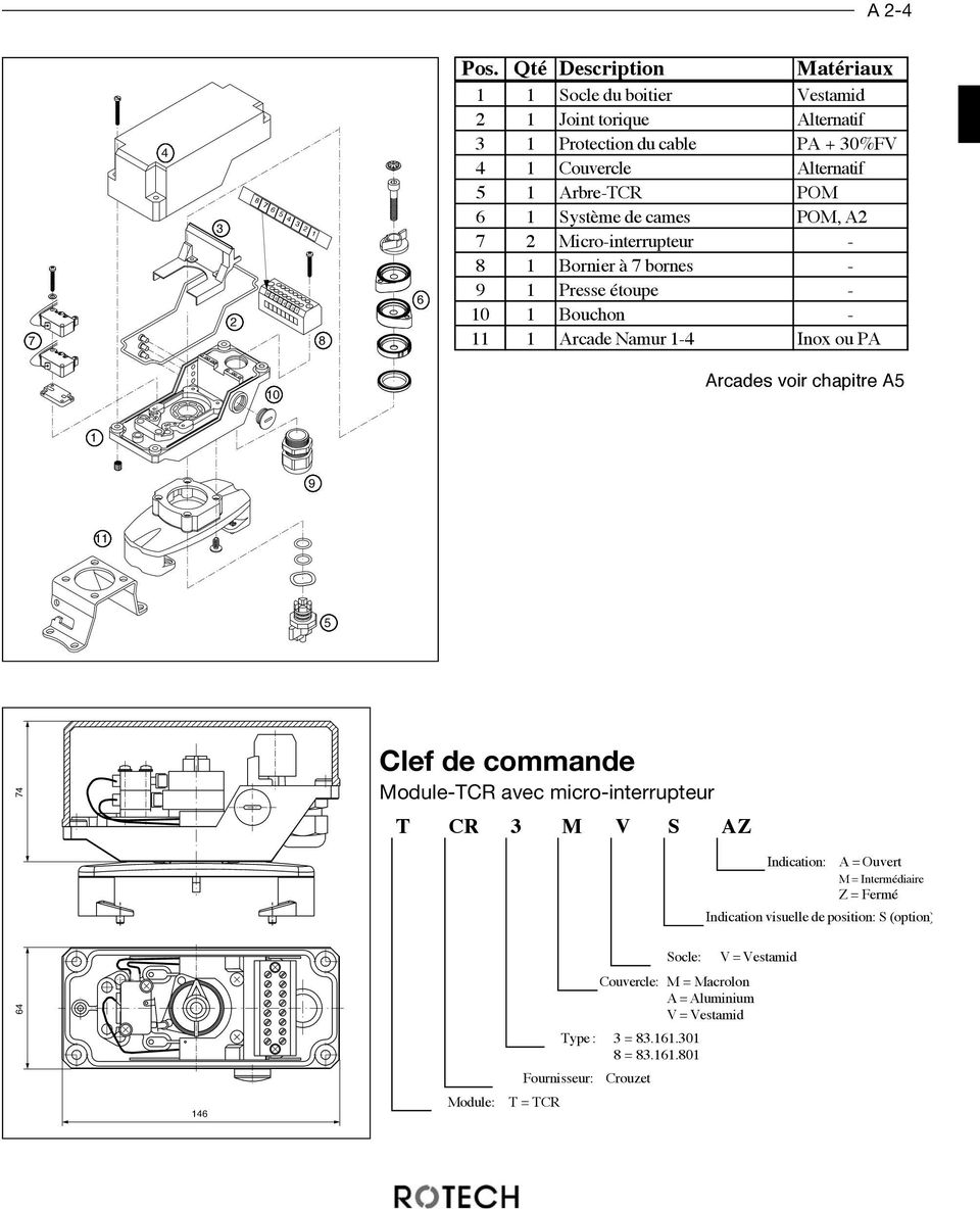 cames POM, A 7 Micro-interrupteur - 8 Bornier à 7 bornes - 9 Presse étoupe - 0 Bouchon - Arcade Namur - Inox ou PA 0 Arcades voir chapitre A 9 7 Clef de