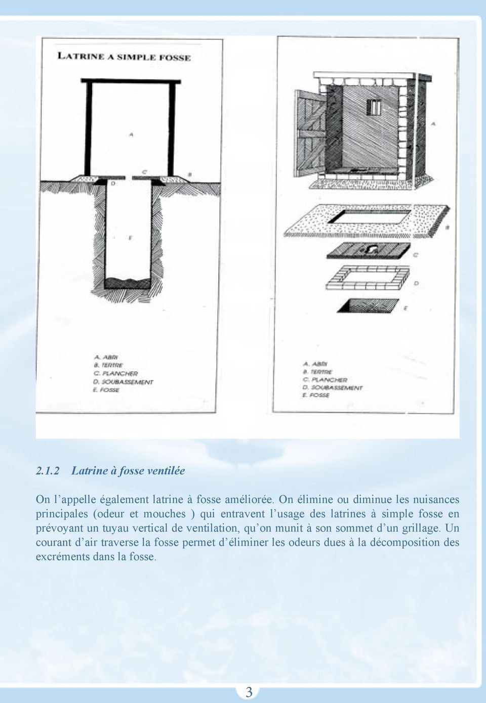 latrines à simple fosse en prévoyant un tuyau vertical de ventilation, qu on munit à son sommet d un