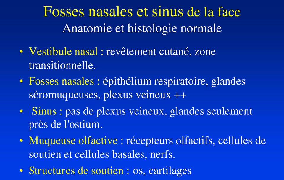 Fosses nasales : épithélium respiratoire, glandes séromuqueuses, plexus veineux ++ Sinus : pas de