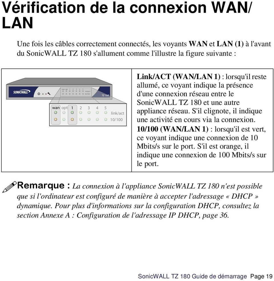 autre appliance réseau. S'il clignote, il indique une activité en cours via la connexion. 10/100 (WAN/LAN 1) : lorsqu'il est vert, ce voyant indique une connexion de 10 Mbits/s sur le port.