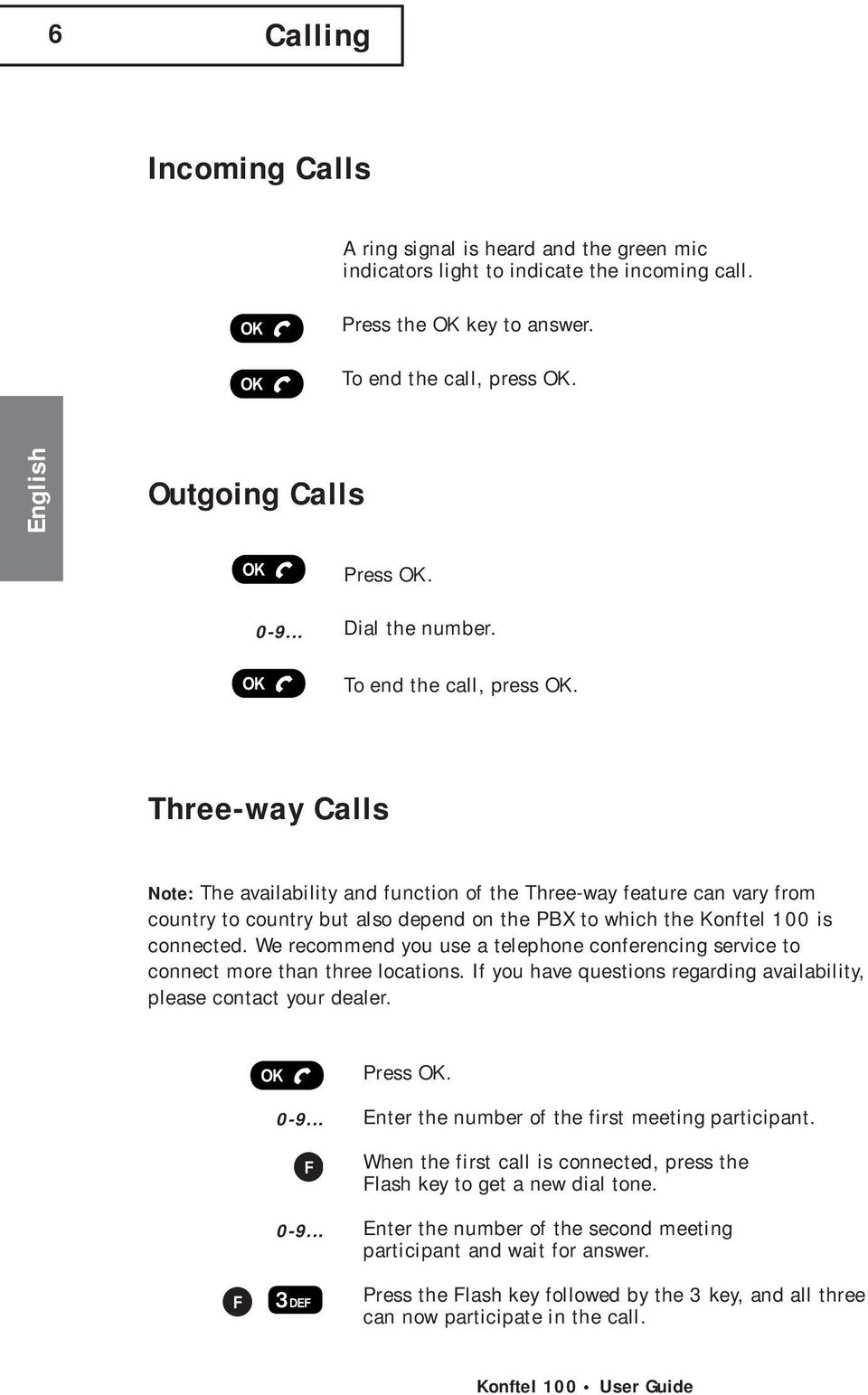 Three-way Calls Note: The availability and function of the Three-way feature can vary from country to country but also depend on the PBX to which the Konftel 100 is connected.