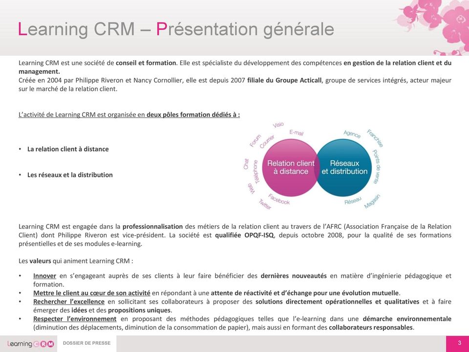 L activité de Learning CRM est organisée en deux pôles formation dédiés à : La relation client à distance Les réseaux et la distribution Learning CRM est engagée dans la professionnalisation des