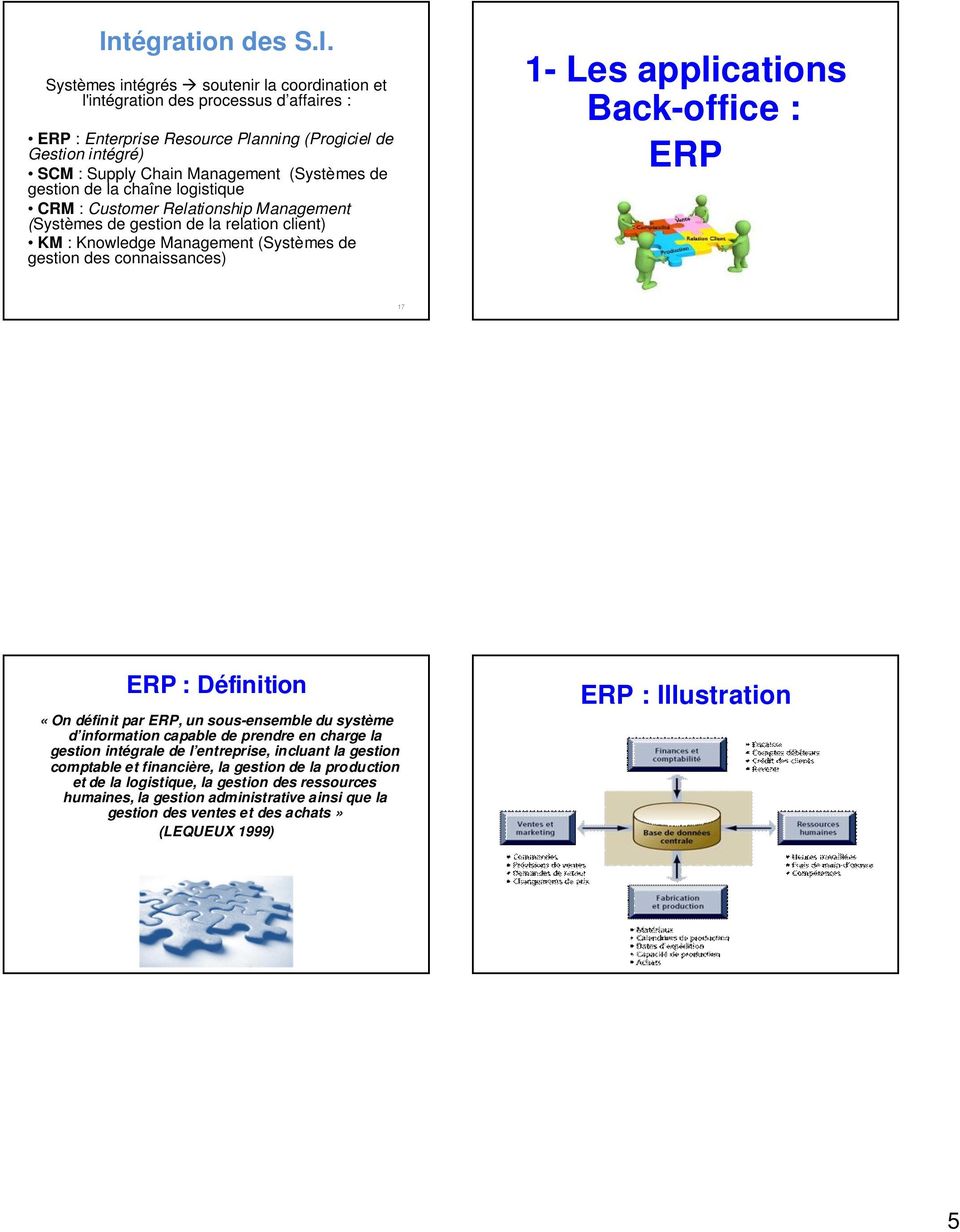 applications Back-office : ERP 17 ERP : Définition «On définit par ERP, un sous-ensemble du système d information capable de prendre en charge la gestion intégrale de l entreprise, incluant la