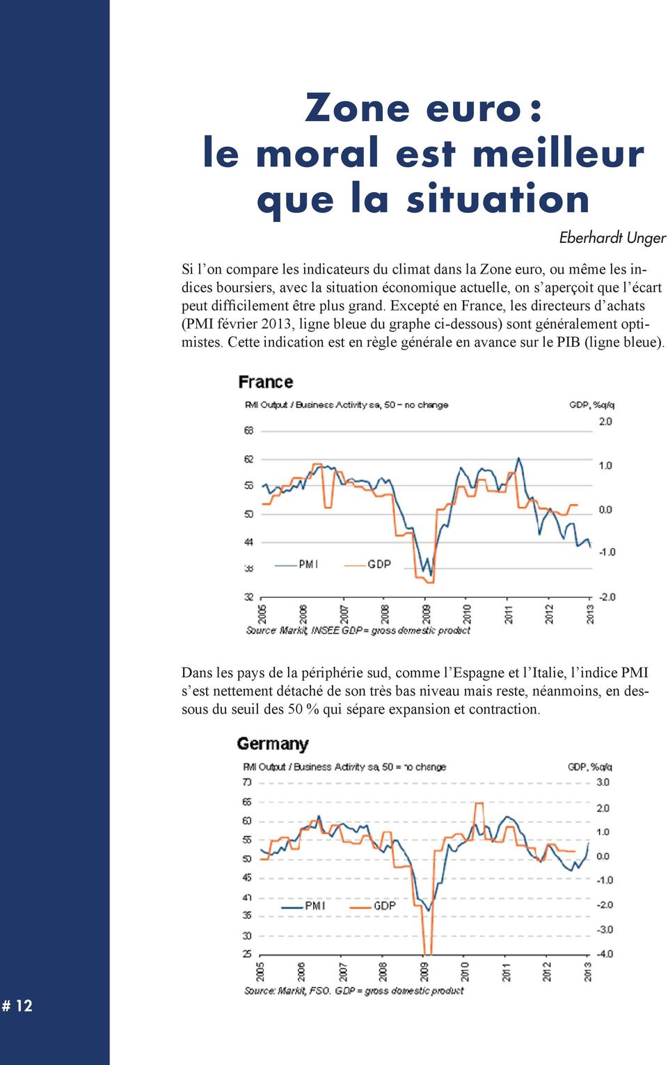 Excepté en France, les directeurs d achats (PMI février 2013, ligne bleue du graphe ci-dessous) sont généralement optimistes.
