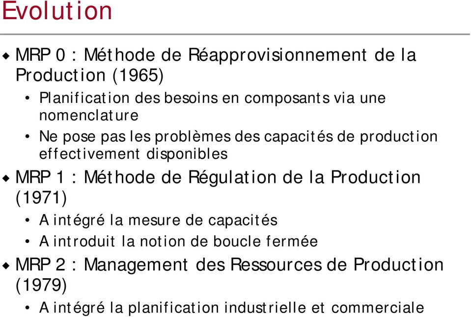 Méthode de Régulation de la Production (1971) A intégré la mesure de capacités A introduit la notion de boucle