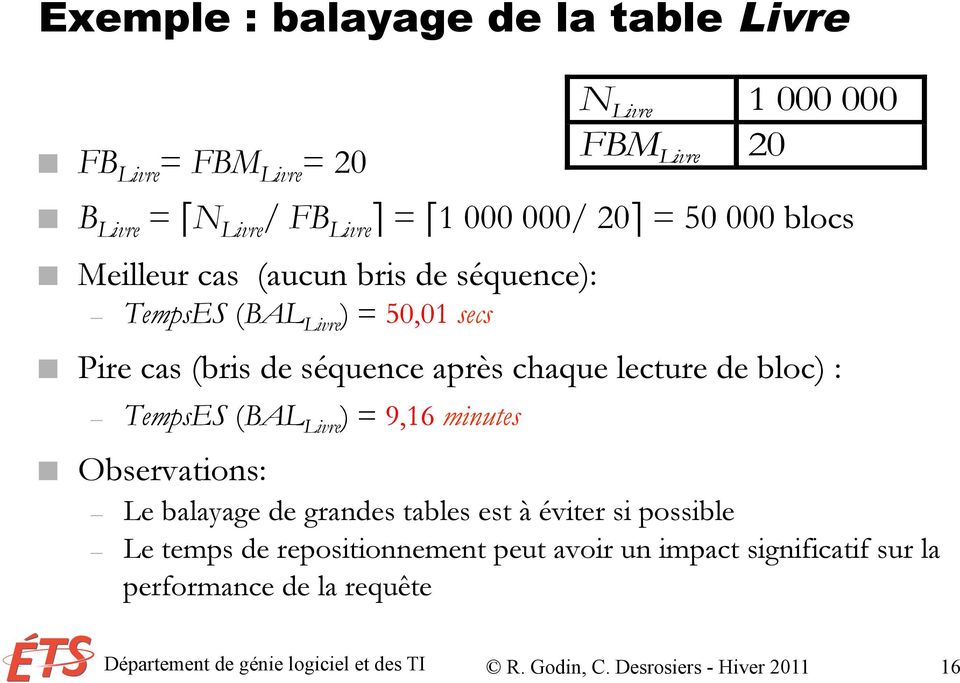 de bloc) : TempsES (BAL Livre ) = 9,16 minutes Observations: N Livre 1 000 000 FBM Livre 20 Le balayage de grandes tables