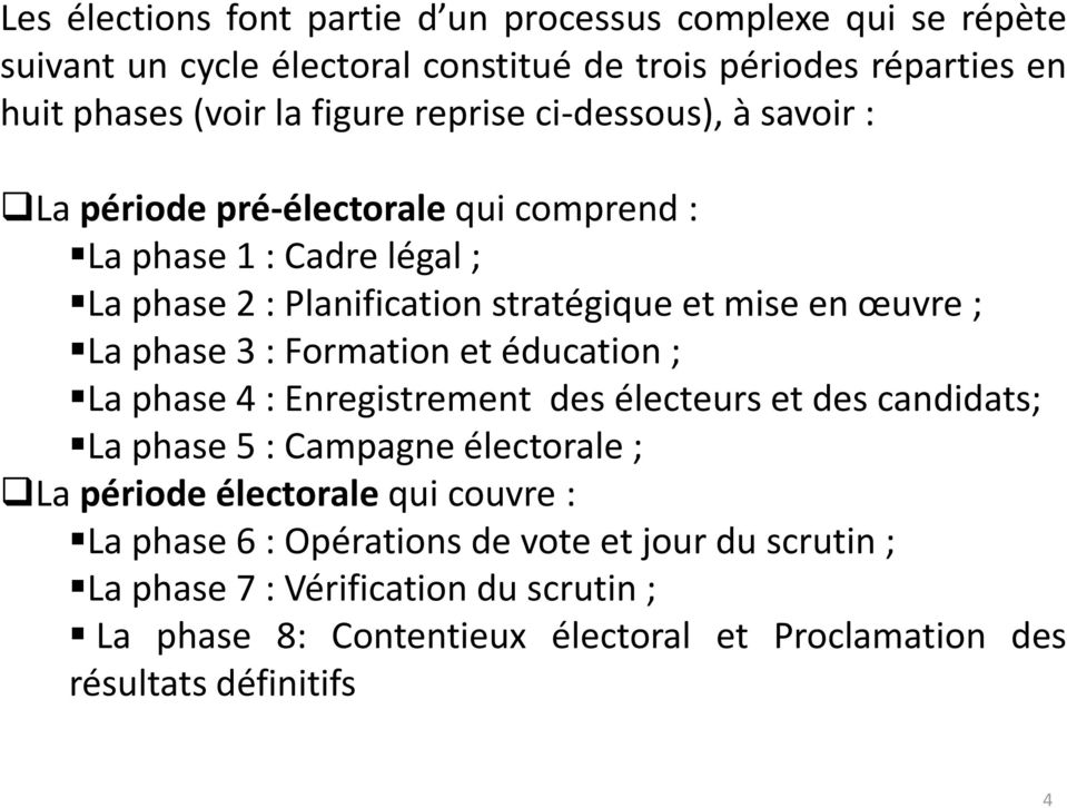 phase 3 : Formation et éducation ; La phase 4 : Enregistrement des électeurs et des candidats; La phase 5 : Campagne électorale ; La période électorale qui couvre