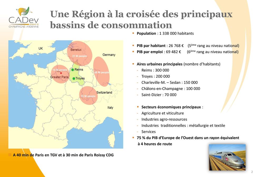 Sedan : 150 000 - Châlons-en-Champagne : 100 000 - Saint-Dizier : 70 000 Secteurs économiques principaux : - Agriculture et viticulture - Industries agro-ressources -