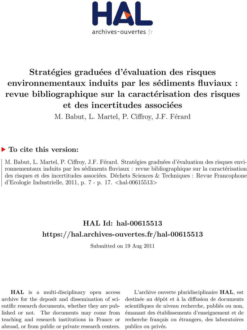 To cite this version: M. Babut, L. Martel, P. Ciffroy, J.F. Férard.