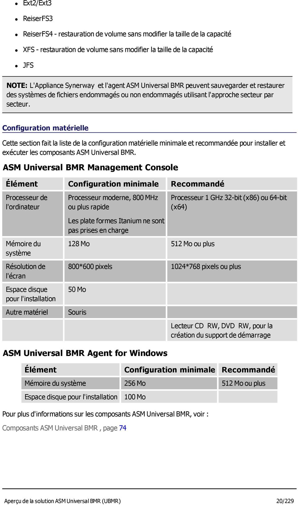 Configuration matérielle Cette section fait la liste de la configuration matérielle minimale et recommandée pour installer et exécuter les composants ASM Universal BMR.