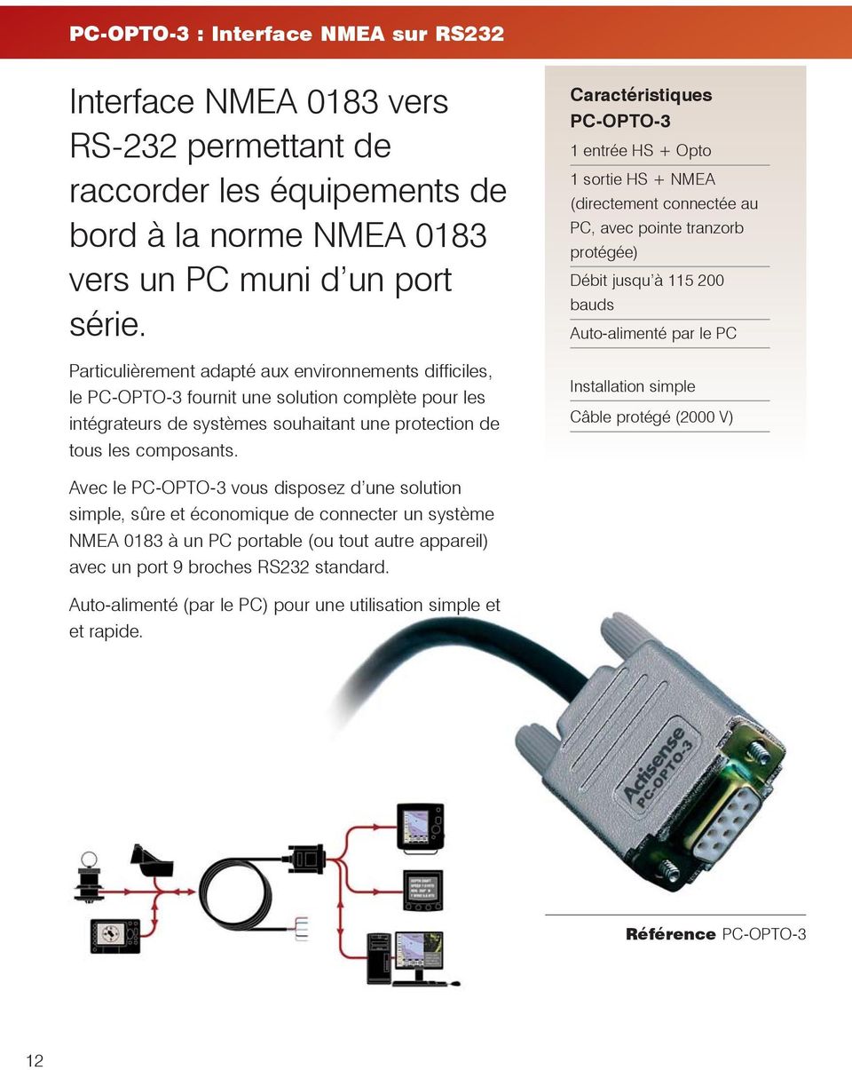 Caractéristiques PC-OPTO-3 1 entrée HS + Opto 1 sortie HS + NMEA (directement connectée au PC, avec pointe tranzorb protégée) Débit jusqu à 115 200 bauds Auto-alimenté par le PC Installation simple