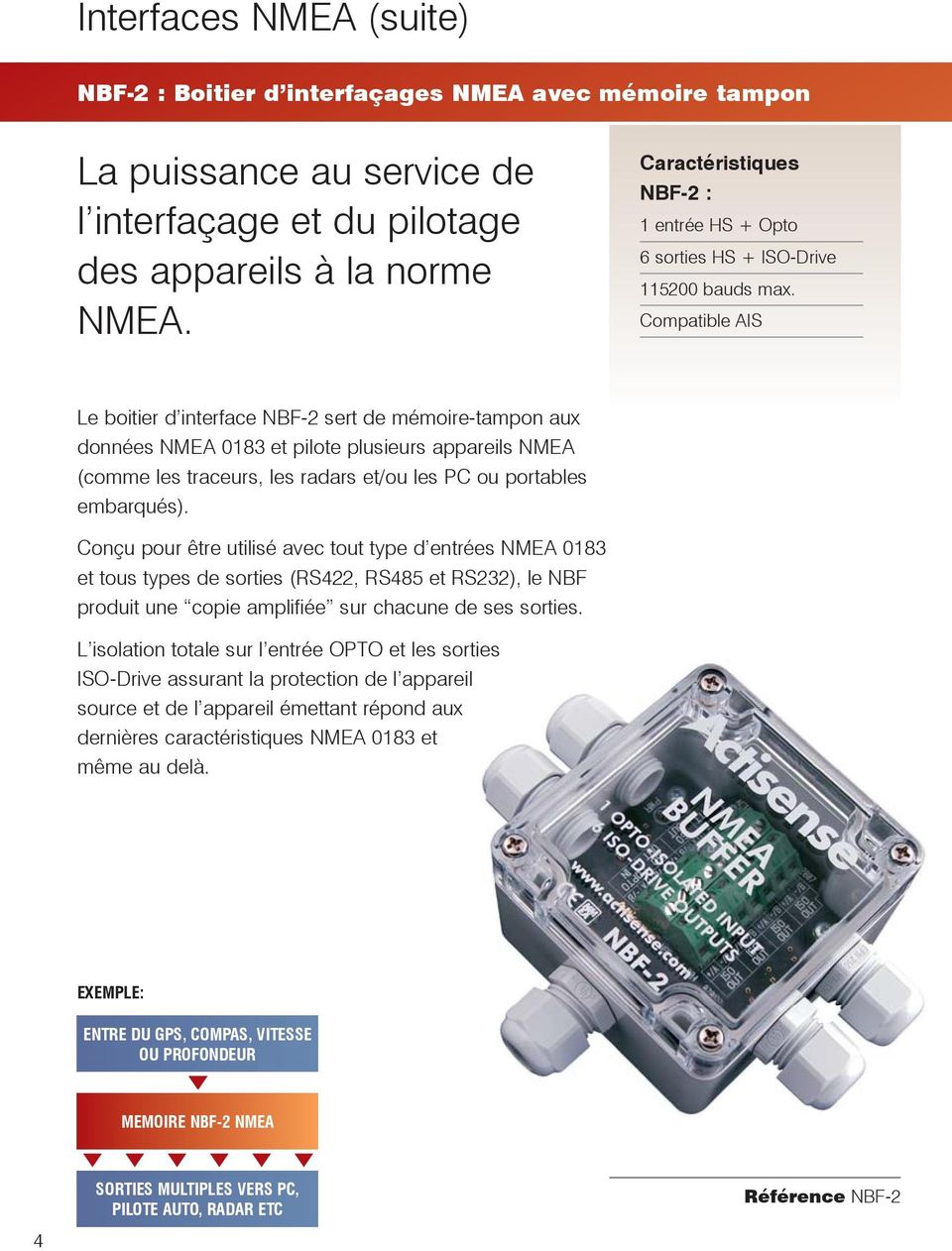 Compatible AIS Le boitier d interface NBF-2 sert de mémoire-tampon aux données NMEA 0183 et pilote plusieurs appareils NMEA (comme les traceurs, les radars et/ou les PC ou portables embarqués).