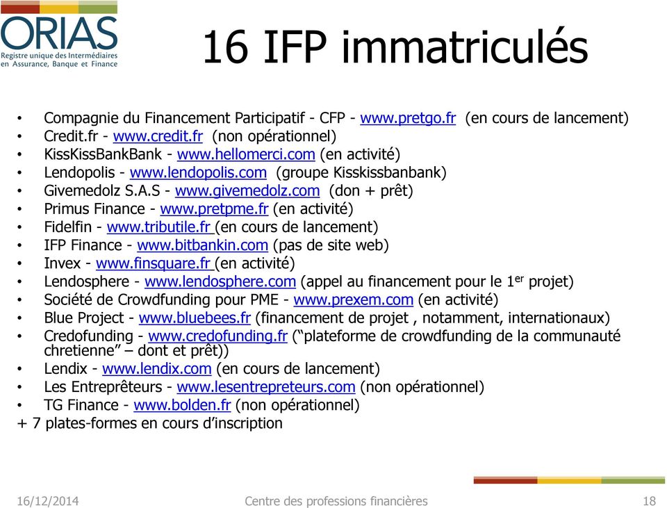 fr (en cours de lancement) IFP Finance - www.bitbankin.com (pas de site web) Invex - www.finsquare.fr (en activité) Lendosphere - www.lendosphere.