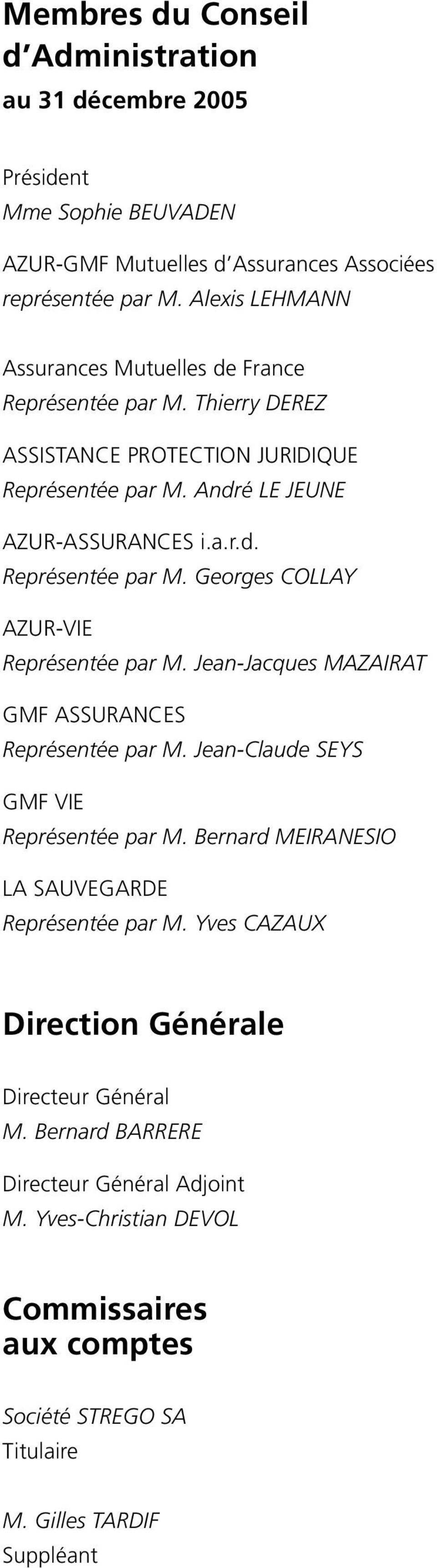 Jean-Jacques MAZAIRAT GMF ASSURANCES Représentée par M. Jean-Claude SEYS GMF VIE Représentée par M. Bernard MEIRANESIO LA SAUVEGARDE Représentée par M.
