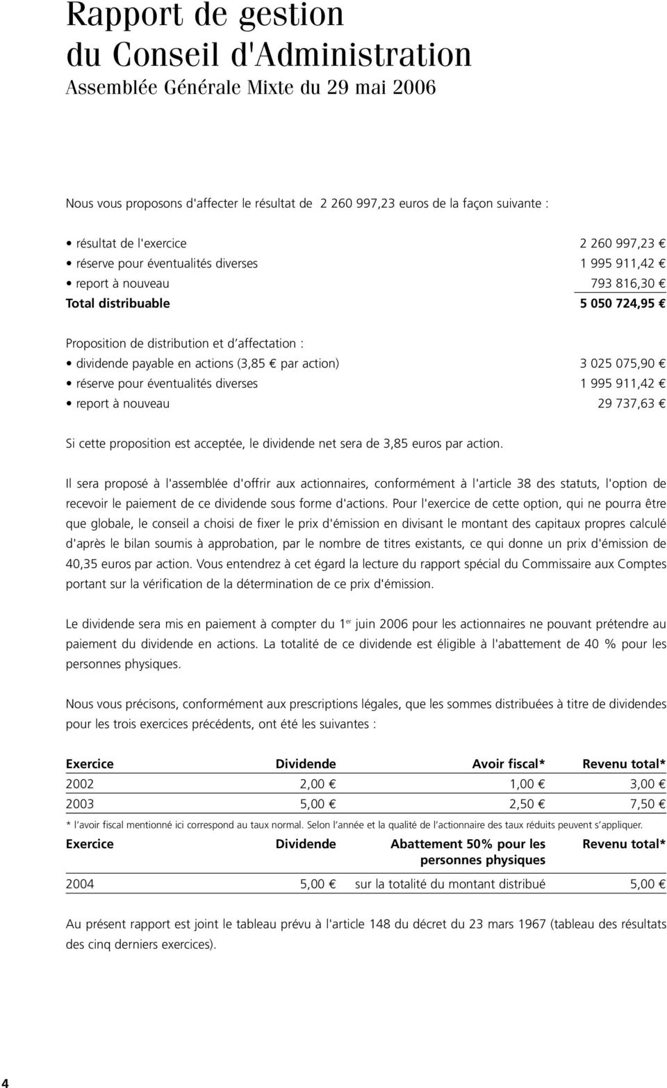 pour éventualités diverses 1 995 911,42 report à nouveau 29 737,63 Si cette proposition est acceptée, le dividende net sera de 3,85 euros par action.