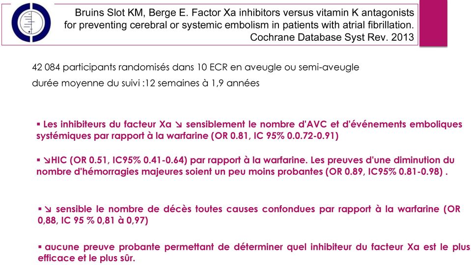emboliques systémiques par rapport à la warfarine (OR 0.81, IC 95% 0.0.72-0.91) HIC (OR 0.51, IC95% 0.41-0.64) par rapport à la warfarine.