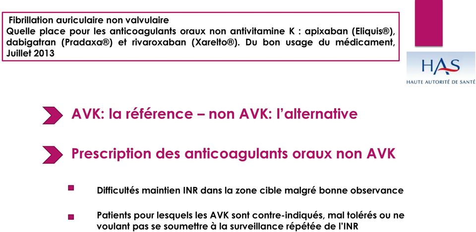 Du bon usage du médicament, Juillet 2013 AVK: la référence non AVK: l alternative Prescription des anticoagulants oraux non