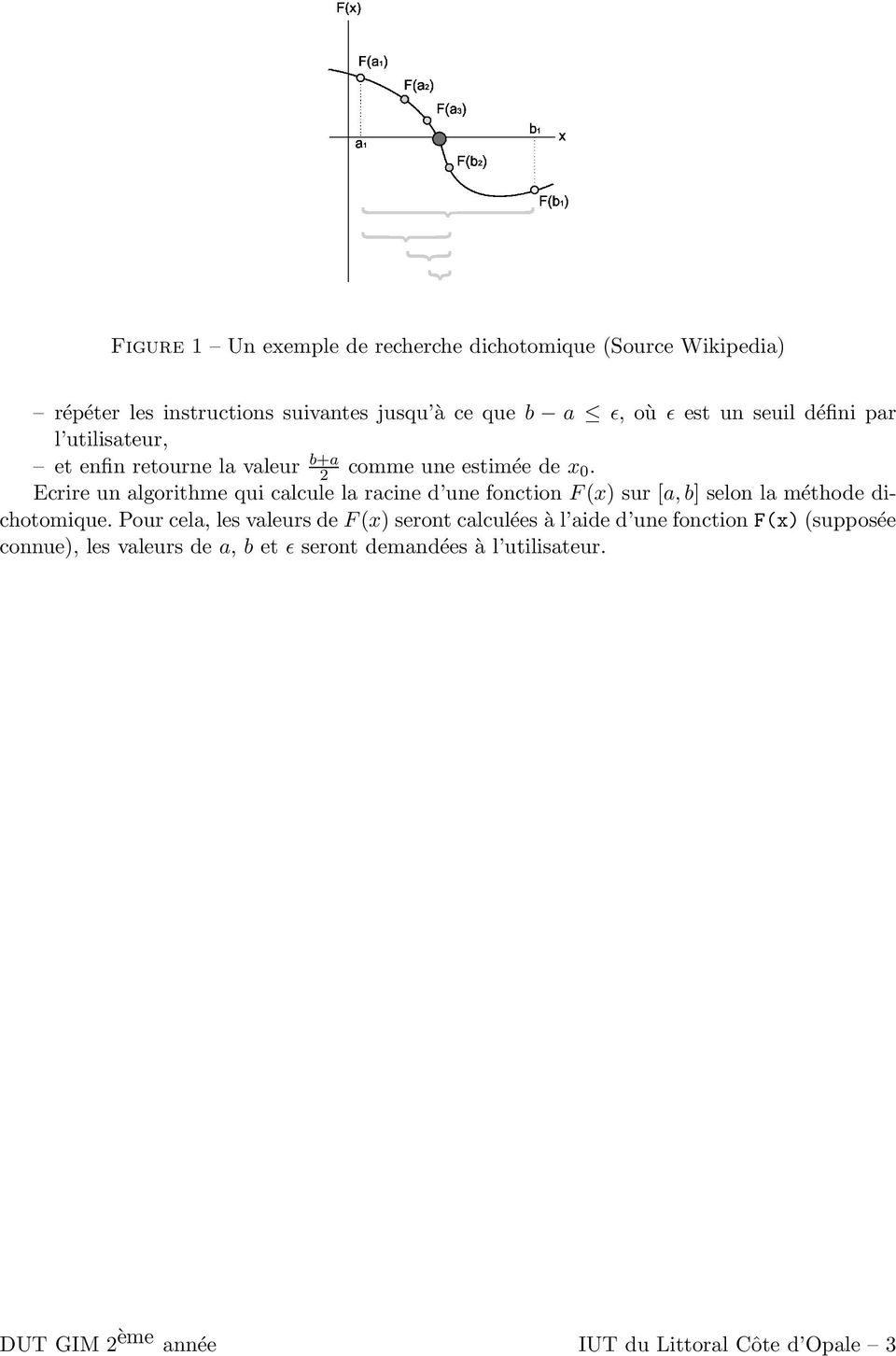 Ecrire un algorithme qui calcule la racine d une fonction F(x) sur [a,b] selon la méthode dichotomique.