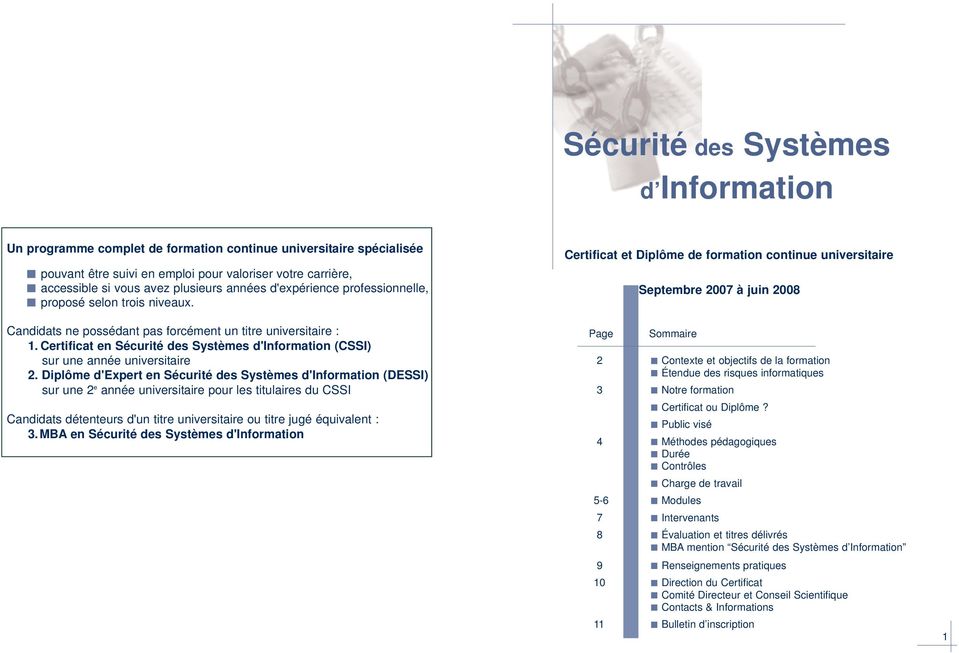 Certificat en Sécurité des Systèmes d'information (CSSI) sur une année universitaire 2.