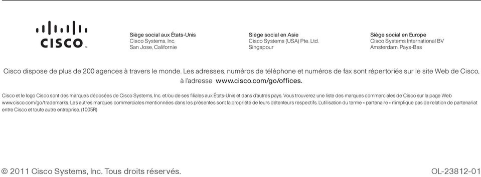 Les adresses, numéros de téléphone et numéros de fax sont répertoriés sur le site Web de Cisco, à l'adresse www.cisco.com/go/offices.