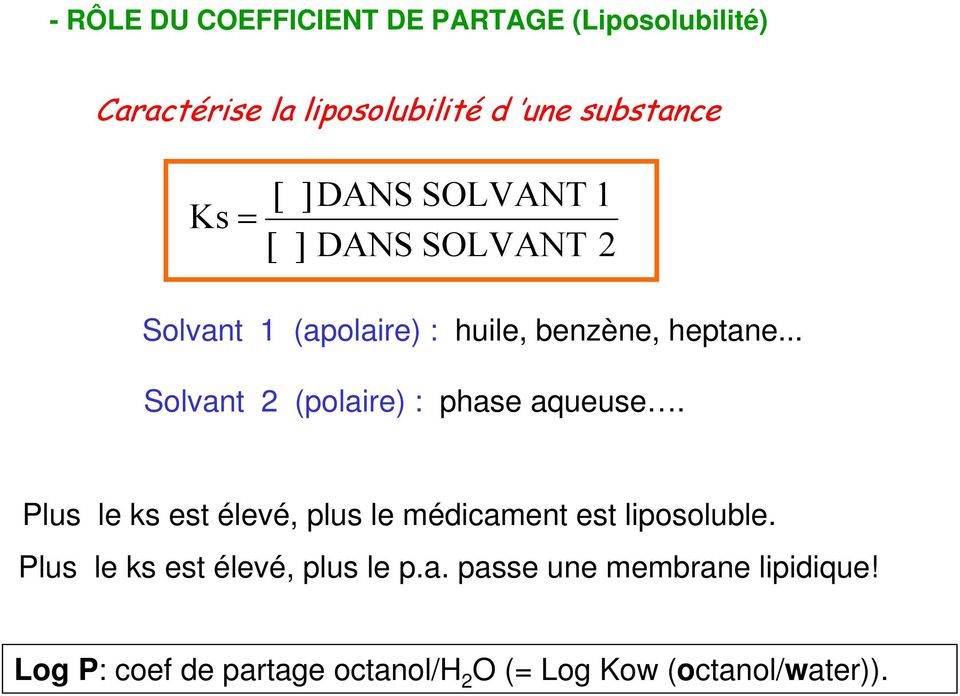 .. Solvant 2 (polaire) : phase aqueuse. Plus le ks est élevé, plus le médicament est liposoluble.