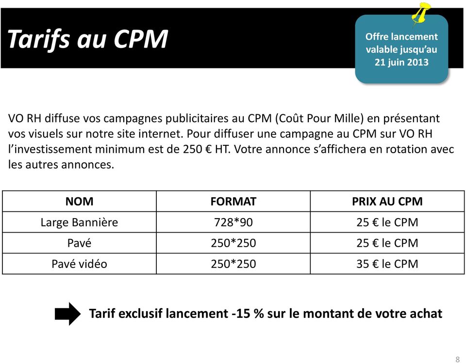 Pour diffuser une campagne au CPM sur VO RH l investissement minimum est de 250 HT.