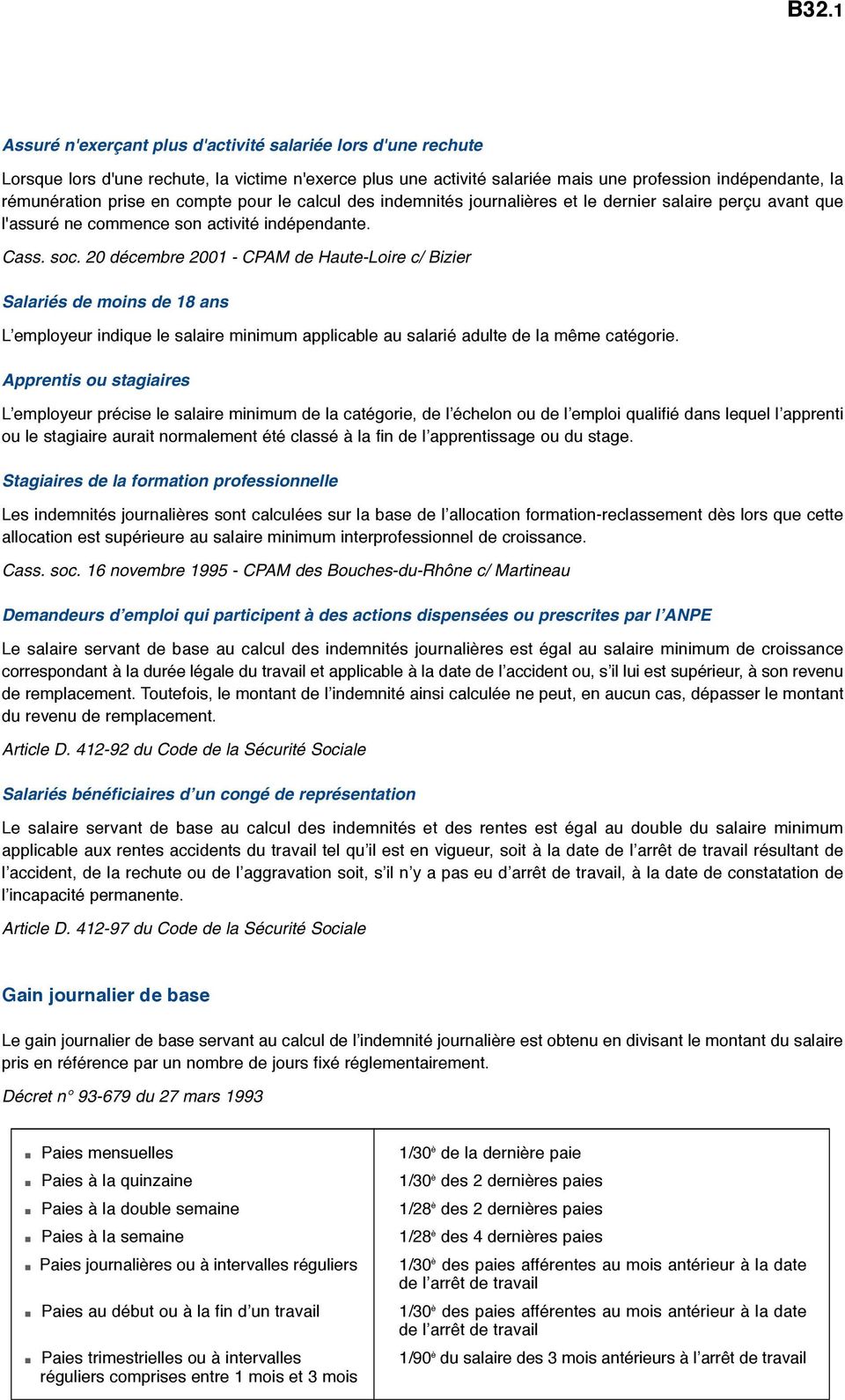 20 décembre 2001 - CPAM de Haute-Loire c/ Bizier Salariés de moins de 18 ans L employeur indique le salaire minimum applicable au salarié adulte de la même catégorie.