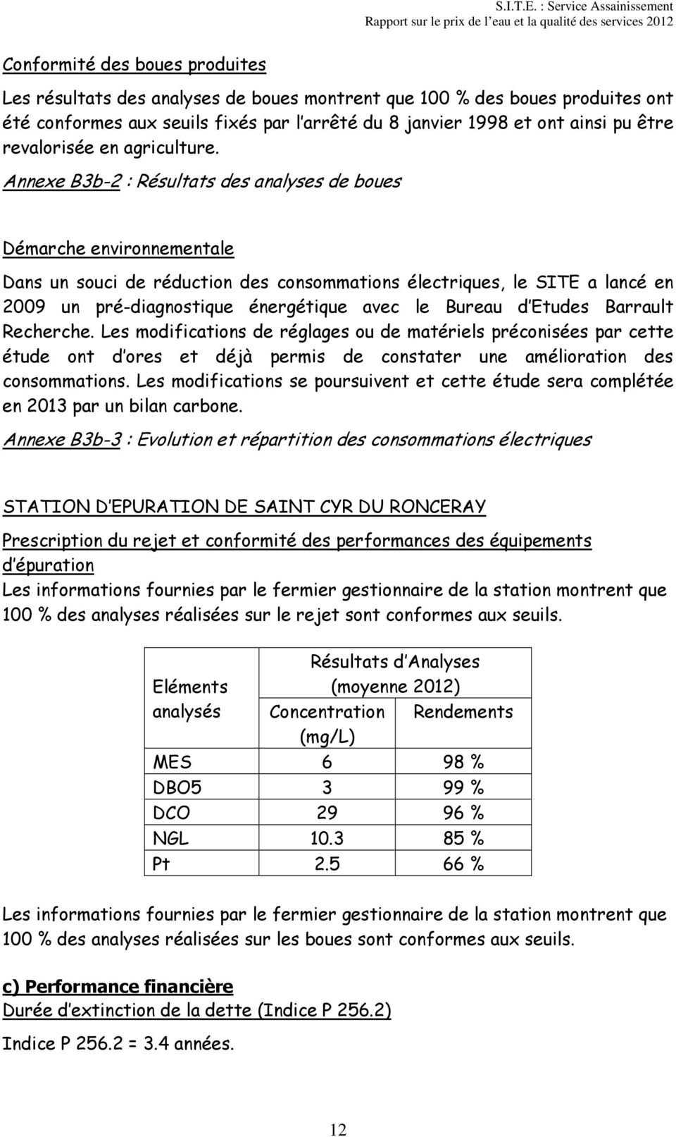 Annexe B3b-2 : Résultats des analyses de boues Démarche environnementale Dans un souci de réduction des consommations électriques, le SITE a lancé en 2009 un pré-diagnostique énergétique avec le