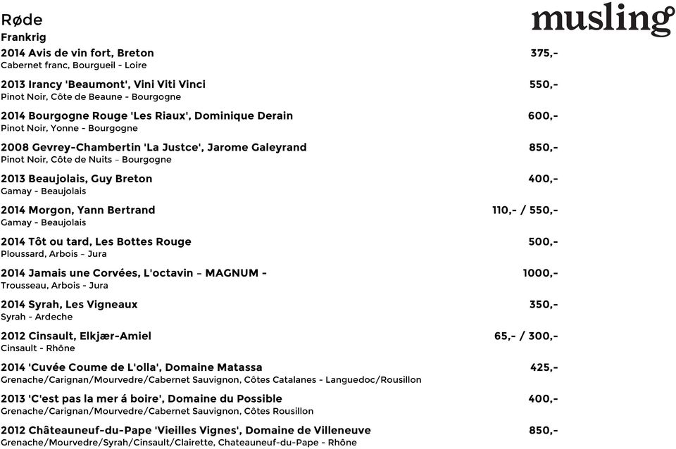 Beaujolais 2014 Morgon, Yann Bertrand 110,- / 550,- Gamay - Beaujolais 2014 Tôt ou tard, Les Bottes Rouge 500,- Ploussard, Arbois Jura 2014 Jamais une Corvées, L'octavin MAGNUM - 1000,- Trousseau,