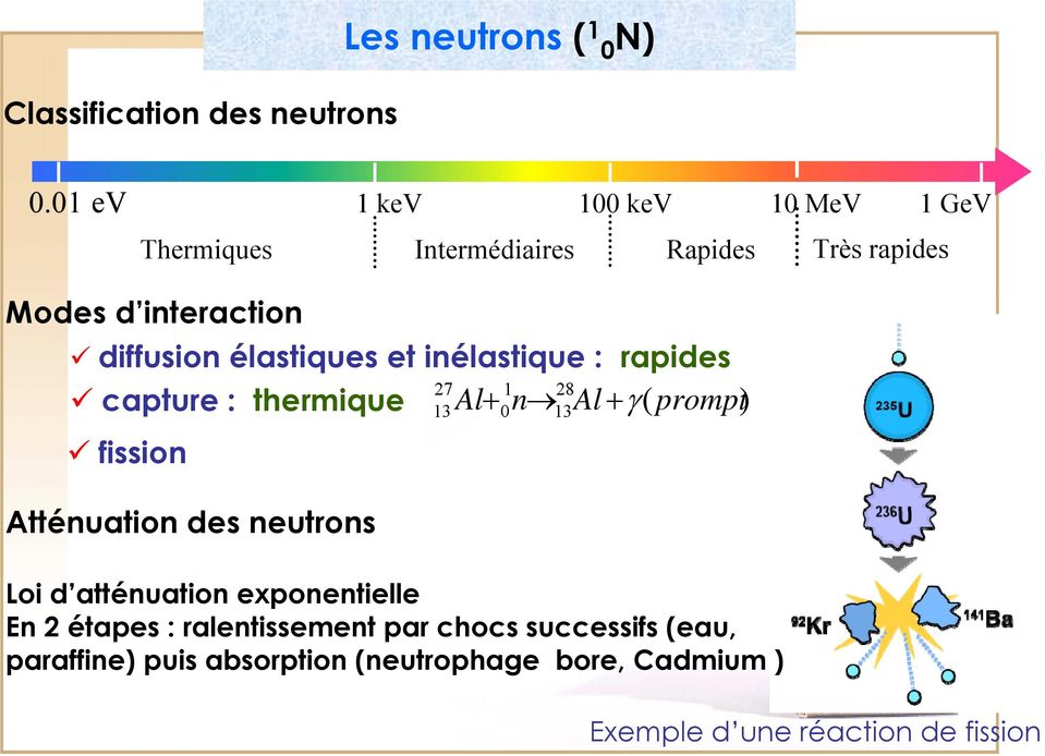 inélastique : rapides 27 1 28 capture : thermique 13 Al+ 0n 13Al+ γ( prompt) fission Atténuation des neutrons Loi d
