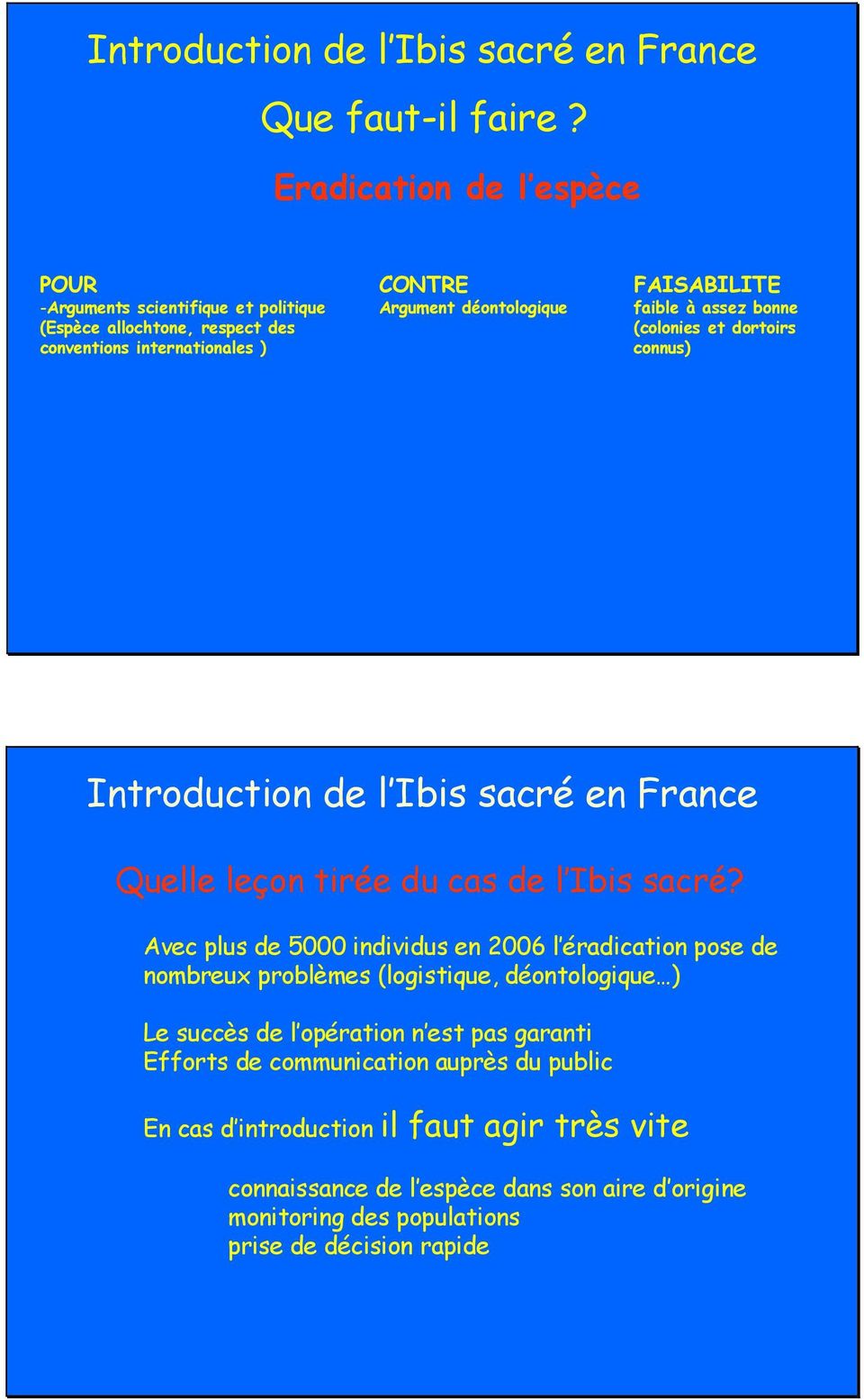 dortoirs conventions internationales ) connus) Introduction de l Ibis sacré en France Quelle leçon tirée du cas de l Ibis sacré?