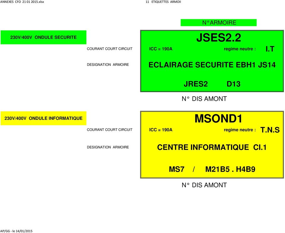 T DESIGNATION ARMOIRE ECLAIRAGE SECURITE EBH1 JS14 JRES2 D13 N DIS AMONT 230V/400V ONDULE