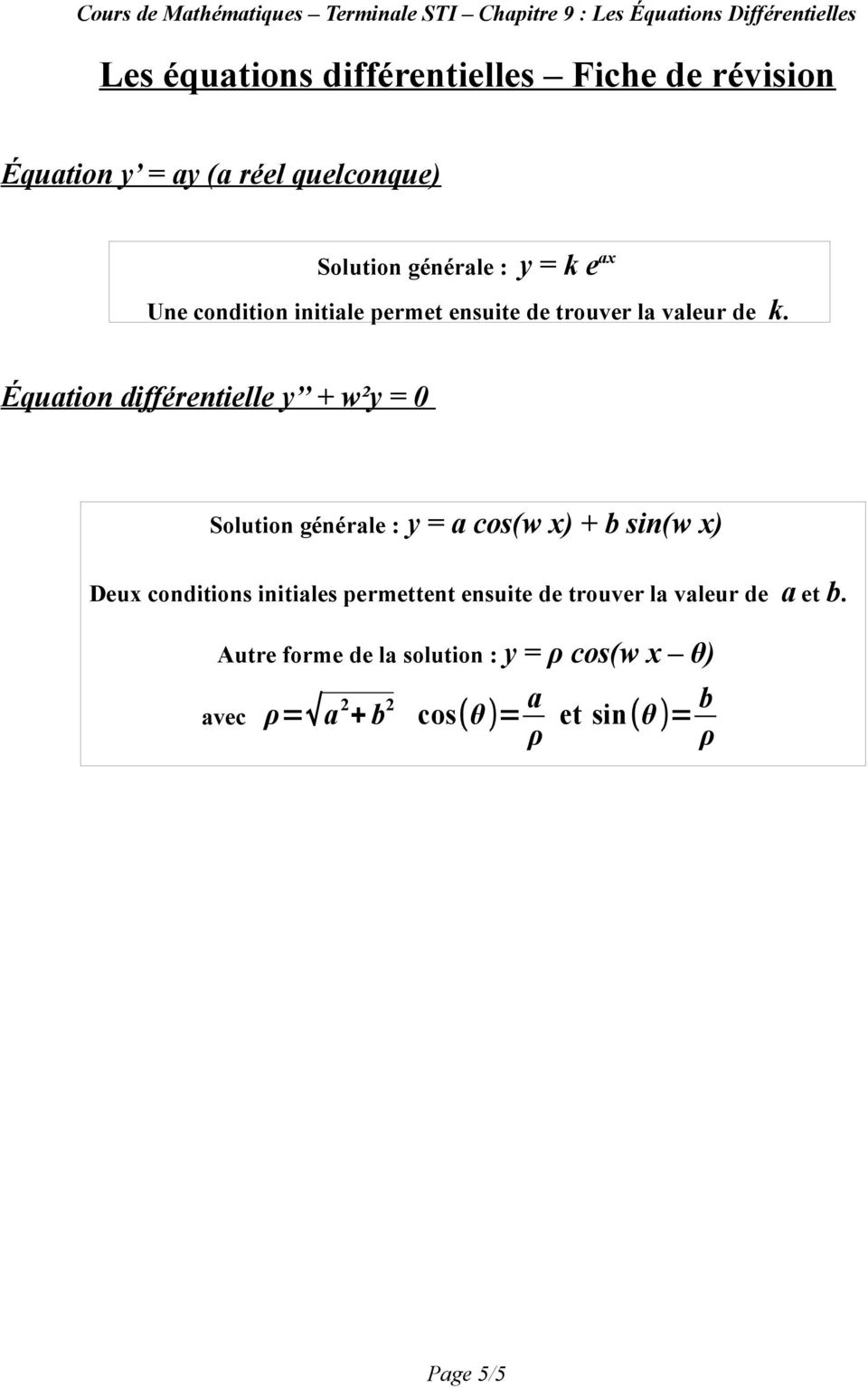 Équation différentielle y + w²y = 0 Solution générale : y = a cos(w x) + b sin(w x) Deux conditions initiales