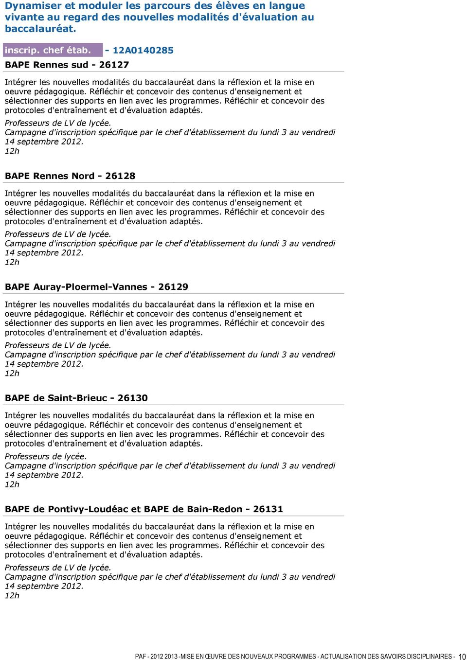 BAPE Auray-Ploermel-Vannes - 26129 78 Professeurs de LV de lycée. BAPE de Saint-Brieuc - 26130 79 Professeurs de lycée.
