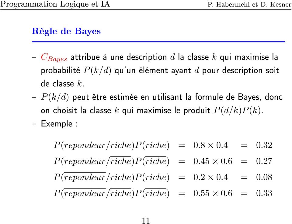 P (k/d) peut être estimée en utilisant la formule de Bayes, donc on choisit la classe k qui maximise le produit P (d/k)p